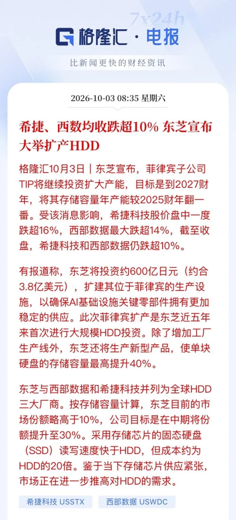 美股整体上行，但存储板块走出明显分化，下跌根源来自东芝扩产利空。
东芝菲律宾工厂计划 2027 财年将机械硬盘 HDD 产能相比 2025 财年直接翻倍。市场担忧供给大幅增加，打破当前紧俏格局，压制产品定价。
希捷科技、西部数据收盘跌幅均超 10%，闪迪、美光同步下挫。
注意这次冲击对象是机械硬盘赛道， ​