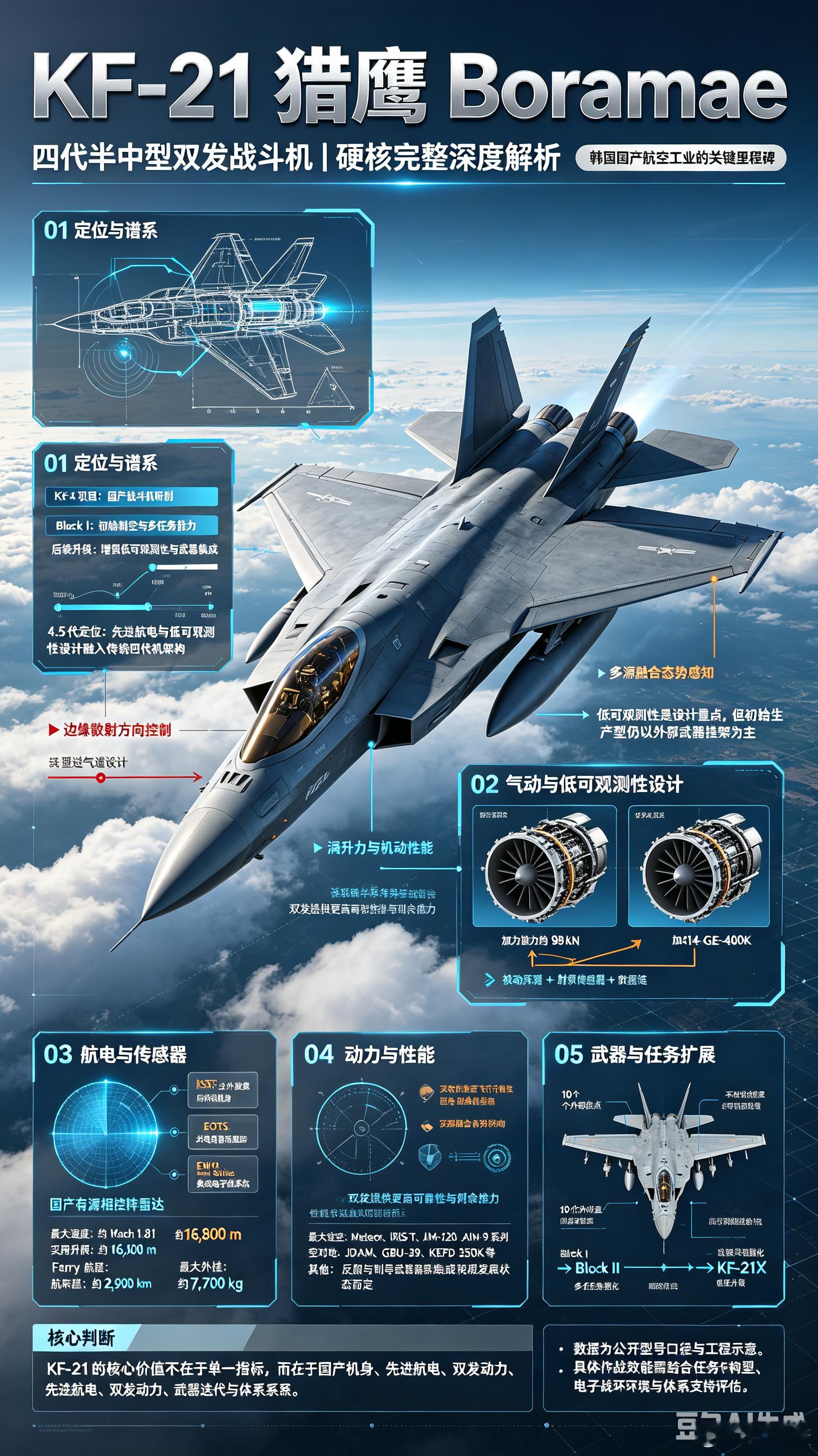 #军事ai新视野# 韩国KF-21“猎鹰”（Boramae）四代半中型双发战斗机#ai热力追踪# 
 
KF-X项目，韩国航空航天工业KAI主导、印尼合作投资的中型战机；定位四代半（4.5代）准隐身战机，外形采用大量隐身设计，但现阶段无内置弹舱，采用机腹半埋+翼下外挂方案；目标替换老旧F-4、F-5，搭配F-35、F-15K构成 ​