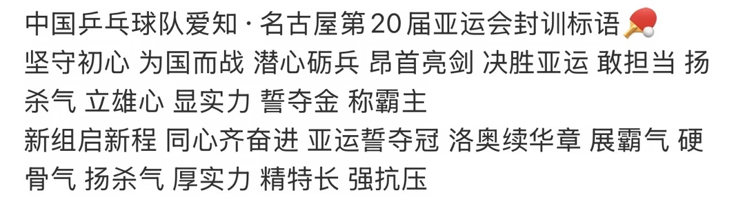 中国乒乓球队爱知·名古屋第20届亚运会封训标语🏓