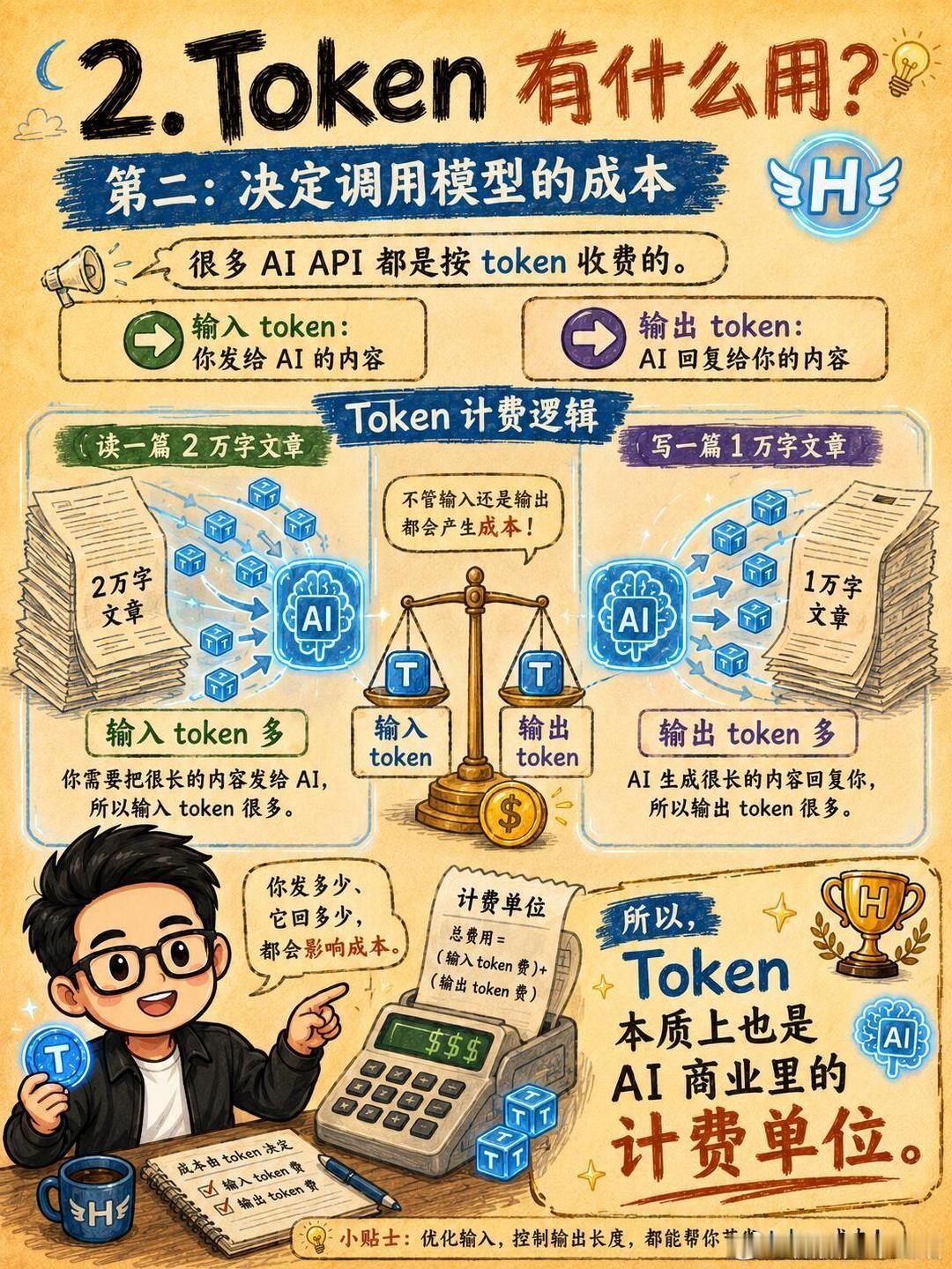 天天说的Token到底是什么？
Token 可以理解成 AI 处理文字时的最小计量单位。
它不是严格等于一个字或一个词，而是模型把文字拆开后，用来阅读、理解、生成内容的基本颗粒。#陈冠州认为token经济时代已来临##2030年token预期达到5千亿美元市场# ​