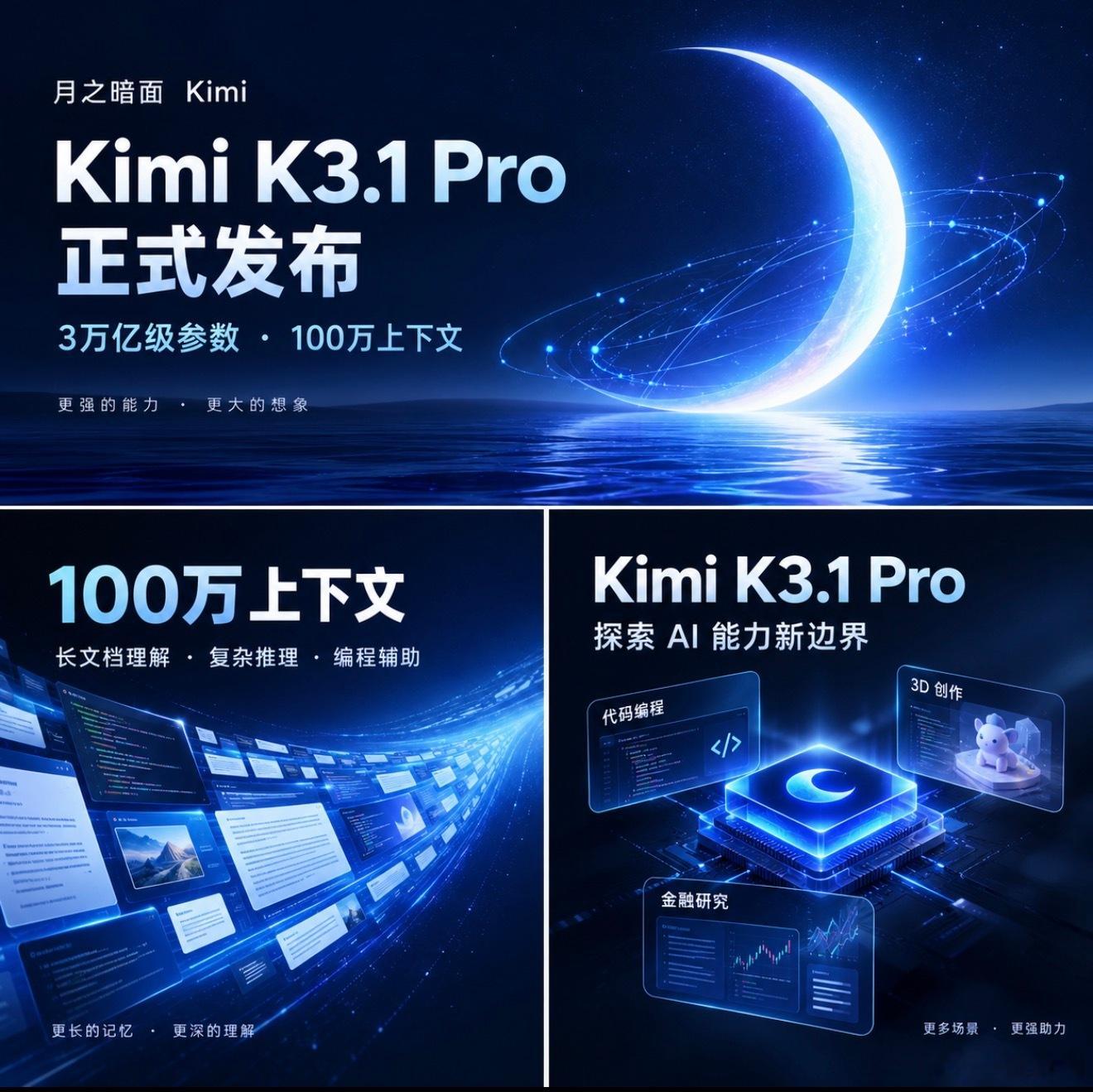 #KimiK3.1发布#

月之暗面 Kimi 正式推出 Kimi K3.1 系列首个模型 K3.1 Pro，作为公司迄今能力最强的 3 万亿级参数模型，它还支持高达 100 万 tokens 的上下文处理能力。

随着大模型技术不断迭代，超长上下文和更强的综合能力，正在成为 AI 竞争的重要方向。

对于普通用户来说，这类模型的升级不仅意 ​