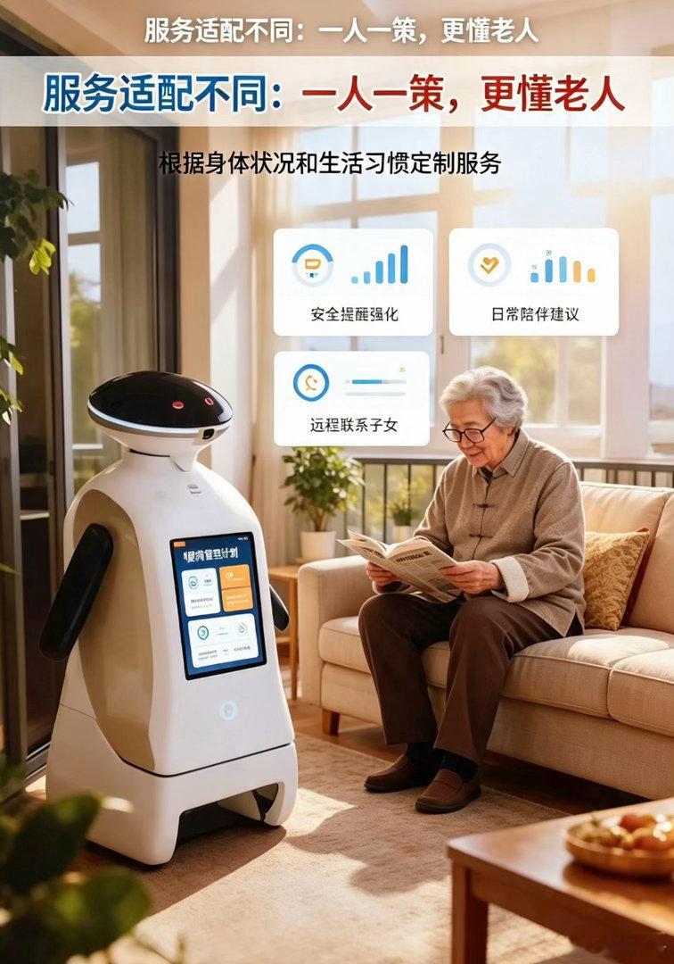 和普通智能设备比，它有何不同？
       与普通智能设备相比，智能养老机器人看似功能相似，实则有着本质区别，它更贴合老年人的使用习惯，完全聚焦养老场景，摒弃了冗余功能，主打实用与便捷，真正适配老人的生活需求，而非单纯的高科技堆砌。首先，在操作设计上，普通智能设备往往追求功能全面，操作 ​
