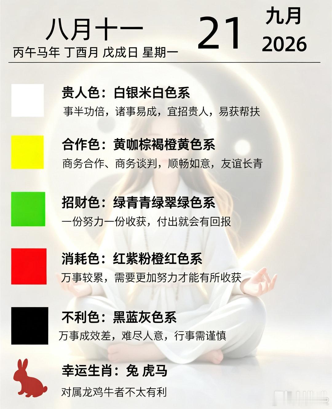 （戊戌日）每日五行能量穿衣分享
2026年9月21日，农历八月十一，星期一，戊戌日，建除十二神除日，二十八星宿心月狐，狗日冲龙，正冲15岁属龙的朋友注意行事，今天煞神方位在北方，向北方行事要小心。
☯大吉：穿白色，银色上衣，大环境生你的意思，办事易成，开心轻松。
☯次吉：穿黄色，焦糖色，咖啡 ​