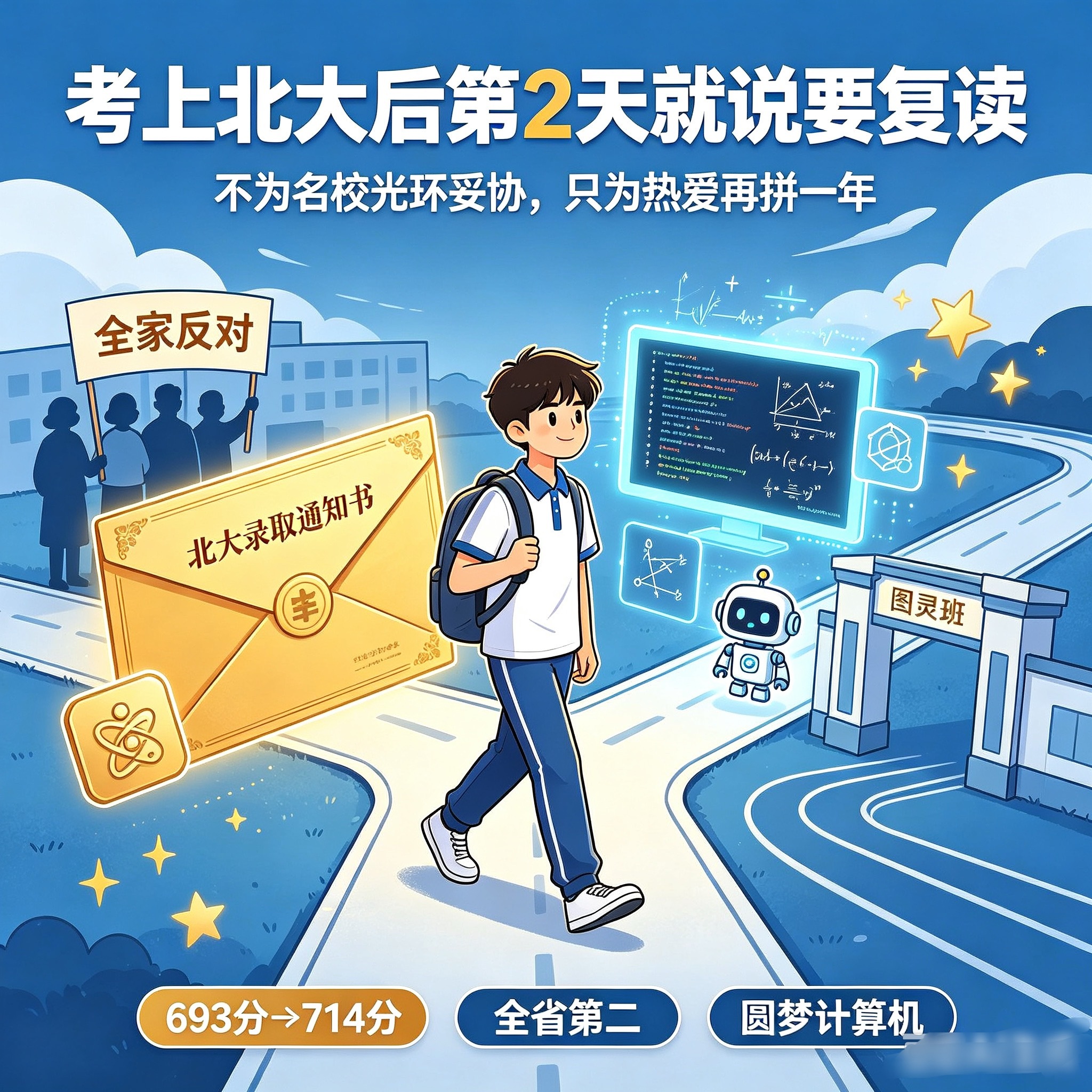 #男生考上北大后第2天就说要复读# 丨#考上北大男生复读全家100个反对#你敢想象吗？考上北大，拿到通知书第二天，他就说要复读，全家人全都反对。
去年693分被北大医学部录取，专业却不是他想要的，而且没办法转专业到本部学计算机。
顶着所有人的不理解，他选择再拼一次。一年之后，考出714分全省第二 ​