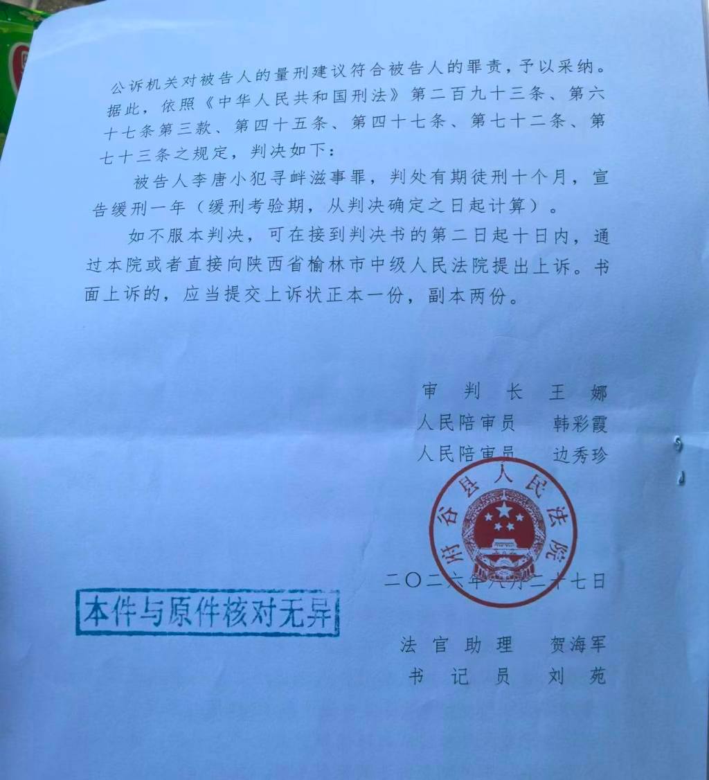 #患者离世病历被改家属获刑#【榆林一患者死后电子病历被鉴定为不真实，其父在医院“闹事”被判缓刑】#一起夺命医疗纠纷背后的多场官司# 8月27日，陕西省榆林市府谷县法院对李唐小被控寻衅滋事案作出一审判决，判其犯寻衅滋事罪，判处有期徒刑十个月，缓刑一年。

这个案件源于一起医疗纠纷。2024年1月9 ​