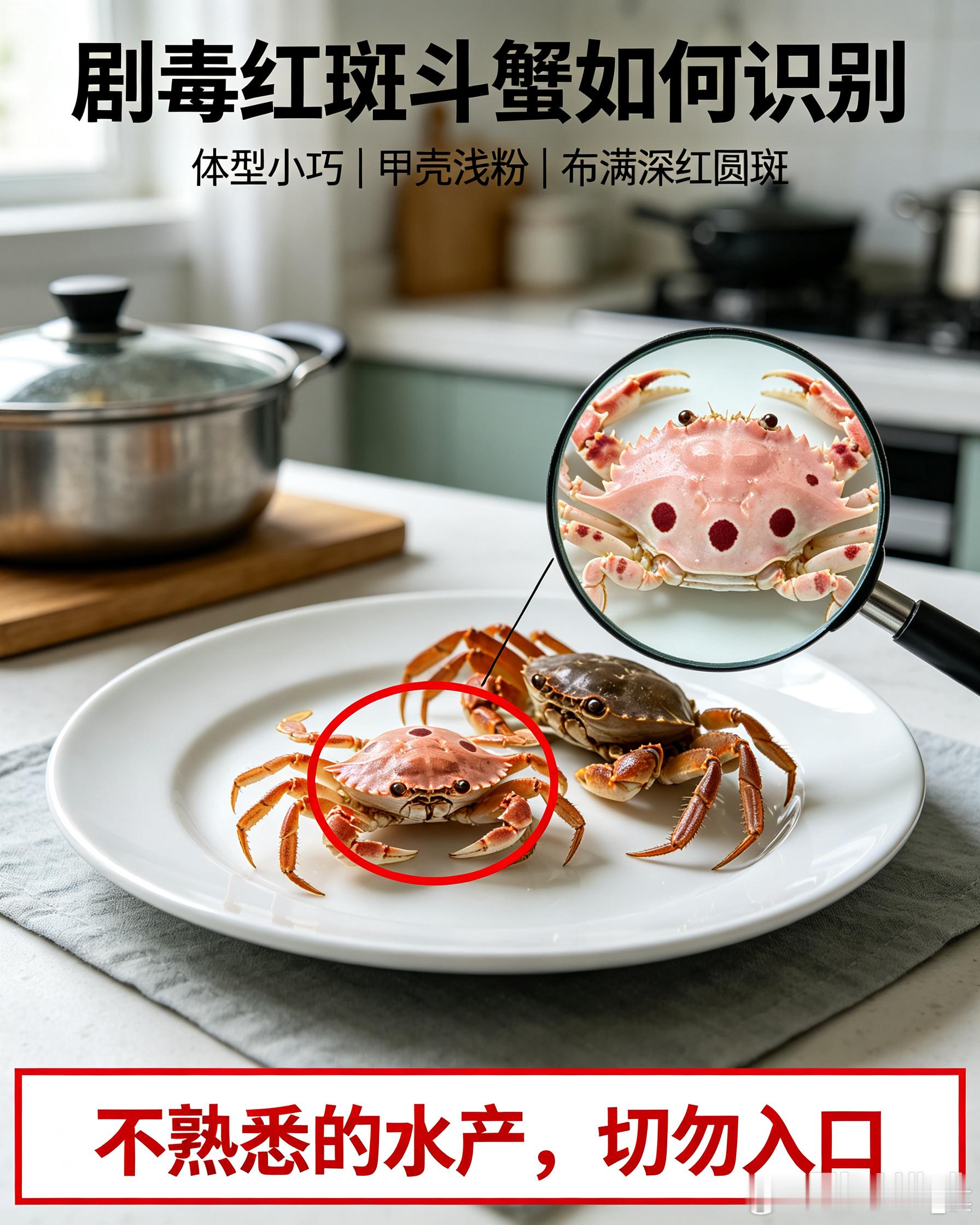 #女子吃墨鱼吃出剧毒红斑斗蟹#香港深水埗街市，市民选购墨鱼时，竟意外混入剧毒外来物种红斑斗蟹。
体型小巧，浅粉甲壳缀着深红圆斑，外观极易混杂在普通杂蟹之中，仅凭肉眼很难分辨。
 
它体内含有河鲀毒素，不惧高温烹煮，目前没有特效解药，仅零点几毫克就足以致人死亡。更凶险的一点：下锅烹饪后， ​