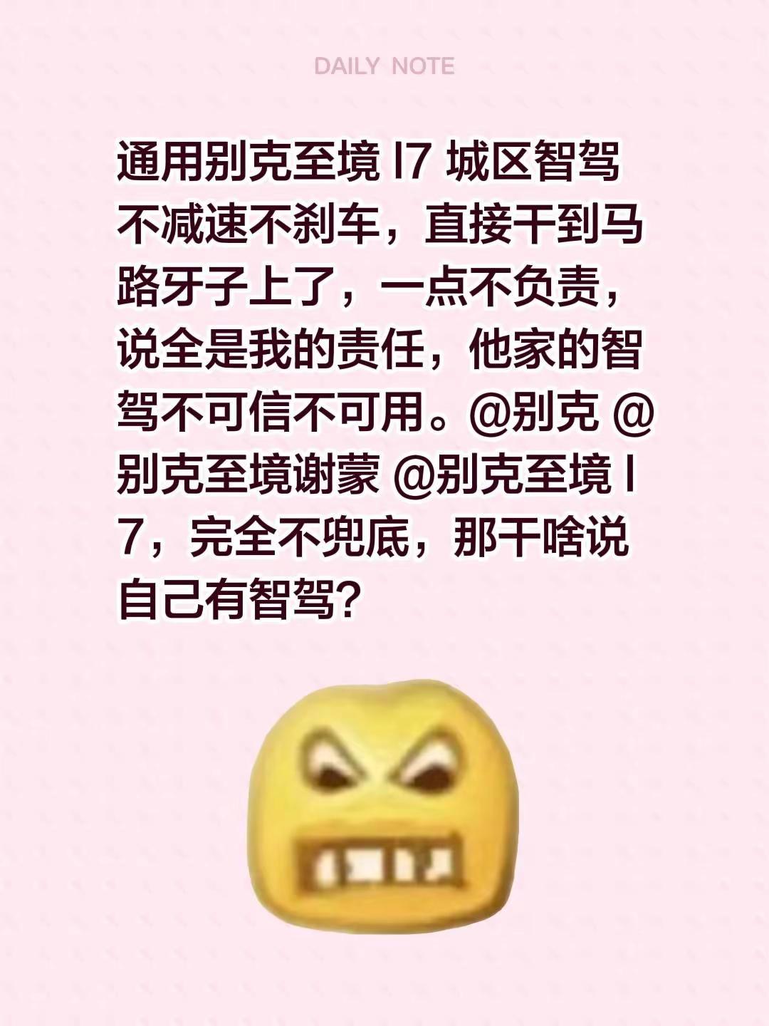 通用别克至境 l7 城区智驾不减速不刹车，直接干到马路牙子上了，一点不负责，说全是我的责任，他家的智驾不可信不可用。@别克 @别克至境谢蒙 @别克至境 l 7，完全不兜底，那干啥说自己有智驾？