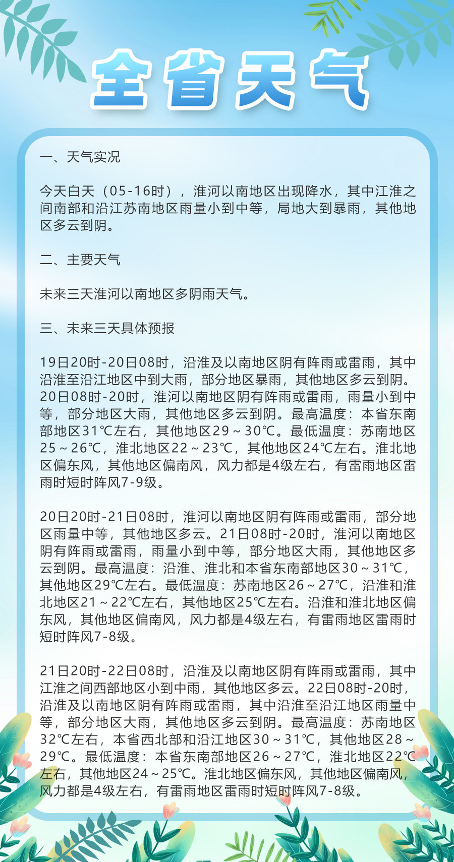 全省天气【未来三天淮河以南地区多阴雨天气。】19日20时-20日08时...