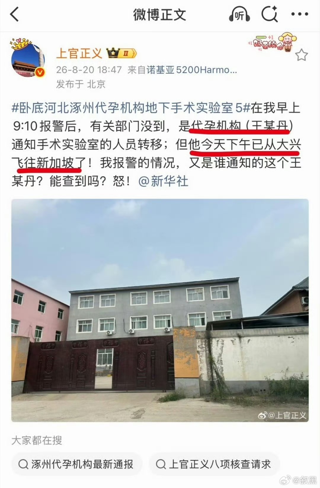 打拐志愿者上官正义卧底半年，终于把河北涿州这个地下代孕窝点给端了出来。

可最让人后背发凉的，不是那些藏在厂房里的实验室，而是两次举报后，涉案人员都像开了天眼一样，抢在执法人员前面跑路了。

8月20日上午9点10分报警，9点24分派出所才回电，就在这短短十几分钟的空档里，窝点里的人已经换装 ​