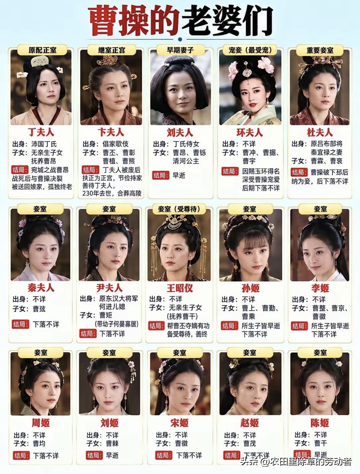 都说曹操爱才，其实他的后宫故事也很精彩！一张图看懂曹操的夫人们。原配丁夫人，因曹昂之死和曹操决裂；卞夫人从歌伎成为正妻，生下曹丕、曹植，是最大赢家。还有环夫人、杜夫人、尹夫人等一众妾室，每个人身世、结局各不相同。她们有的人自带传奇经历，有的为曹操生下子女，在乱世里书写不一样的人生。
你觉得哪位夫人的