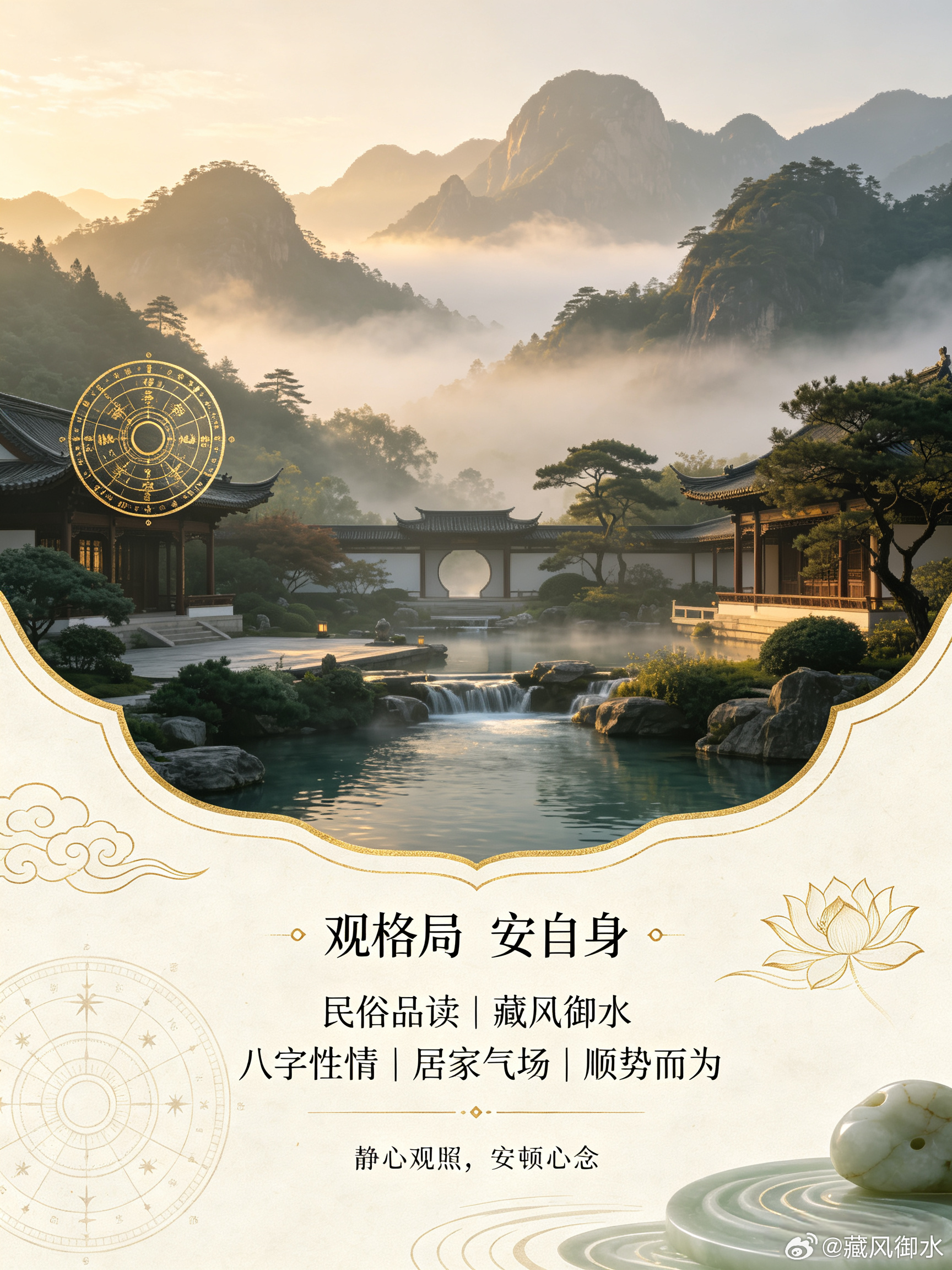 民俗品读，观格局，知心性，懂家宅。人这一生的际遇，一半是先天底色，一半是后天环境与心念。八字看性情取舍，八宅调居家气场，读懂内在的能量，不是为了预知祸福，而是学会顺势而为，减少内耗。静心观照，安顿自身，便是最好的修行。感兴趣深度交流可看简介：(VX:FSDS81)国学感悟 藏风御水 民俗品读