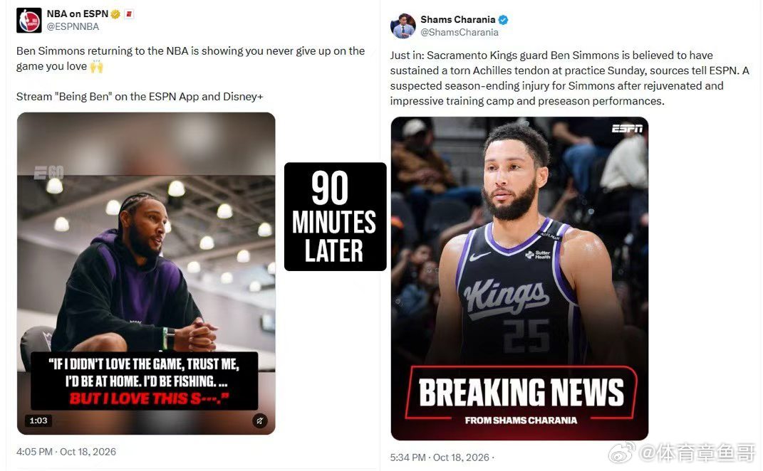 #NBA[超话]# 最令人心碎的是什么？

本西蒙斯在季前赛的最后一场比赛中，展现出了我们都期待再次见到的那种状态：出场26分钟，贡献14分、8个篮板和7次助攻。

我是真心希望西帝能再获得一次证明自己的机会！#本西蒙斯跟腱撕裂# ​