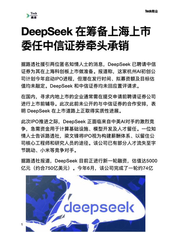 DeepSeek在筹备上市，中信证券牵头承销