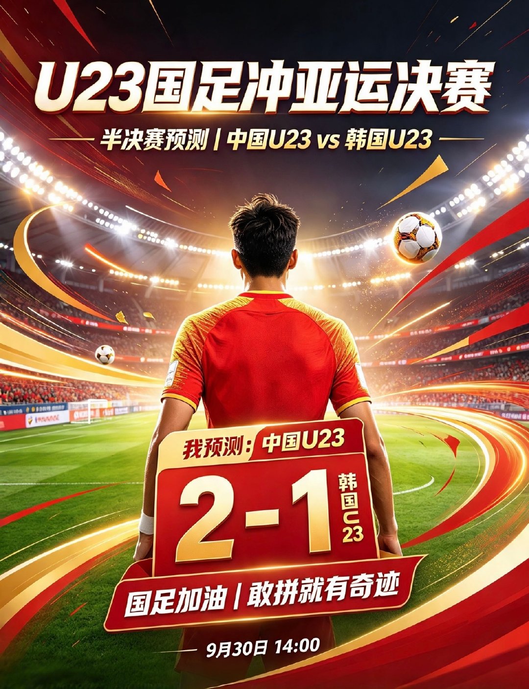#国足[超话]#  
U23国足冲亚运决赛，这场半决赛必须全力支持！
我预测：中国U23 2–1 韩国U23
国足加油，敢拼就有奇迹！

#国足##国足加油# ​