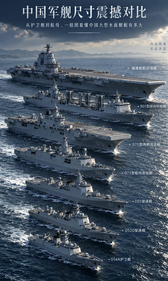 中国海军，主力军舰尺寸比较