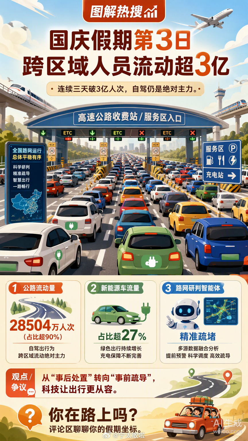 3亿人挤在路上，朋友圈里全是堵车现场。

这种集体迁徙的场面，与其说是赶路，不如说是一场大型的耐心测试。以前我们总追求“说走就走”的松弛感，觉得自由就是不受约束。但真到了这3亿人次的高压锅里才发现，所谓的体面，其实是在服务区抢到一根充电线时的庆幸，是听着导航预估时间从红变绿时的那点微 ​