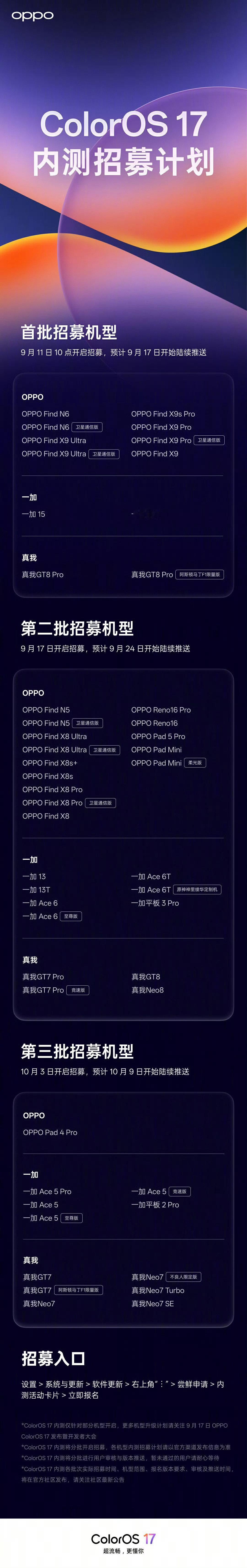#ColorOS17# 内测招募计划名单公布！
内测招募计划不是所有机型，所以你的机型不内测不代表不能升ColorOS17。比如你用的一加12，肯定能升ColorOS17[doge]
(来自蓝帅的提醒) ​