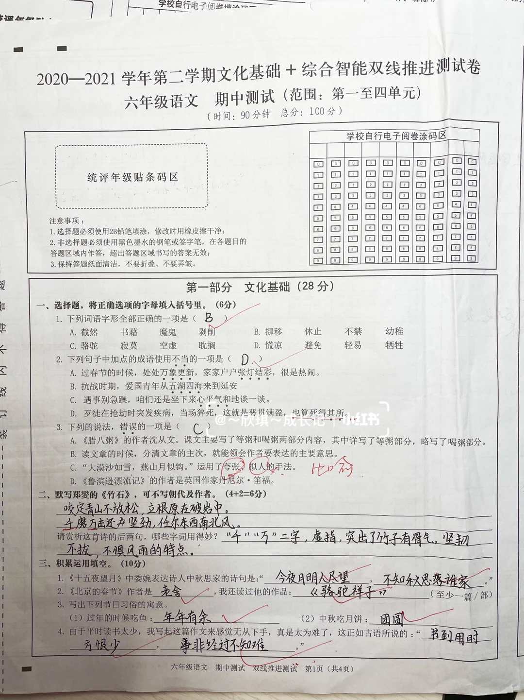 六下语文，复习期中测试卷