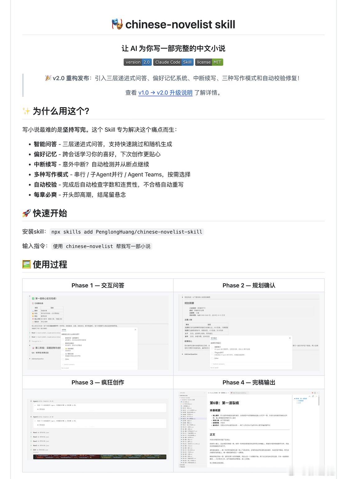 一个非常不错的中文小说创作 Skill项目：chinese-novelist
链接：github.com/PenglongHuang/chinese-novelist-skill
通过结构化的问答+流程编排,让 AI 帮你从零到一写完一整部长篇中文小说,主打解决写小说"半途而废"这个痛点。
先回答几个问题(题材、主角、核心冲突),它自动生成大纲和人物档案,然后直 ​