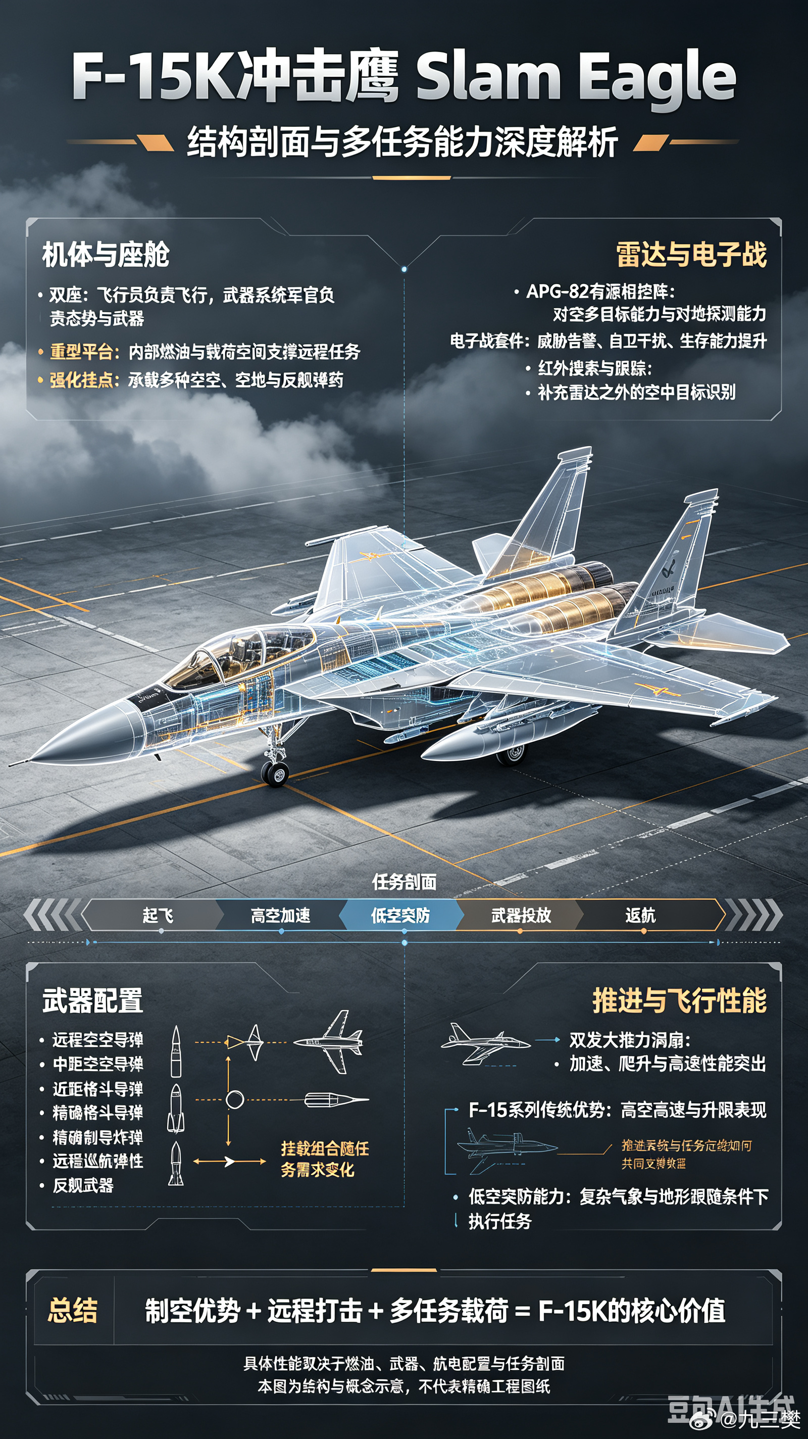 #军事ai新视野# 韩国F-15K“冲击鹰（Slam Eagle）”双座重型四代半多用途战斗机#ai热力追踪# 
 
F-15K是波音基于F-15E“攻击鹰”为韩国空军定制的远程重型打击战机，韩国FX-I战斗机项目中标型号，韩国三轴杀伤链体系中核心远程纵深打击平台，也是韩国空军唯一可挂载金牛座KEPD350K隐身巡航导弹的机型， ​