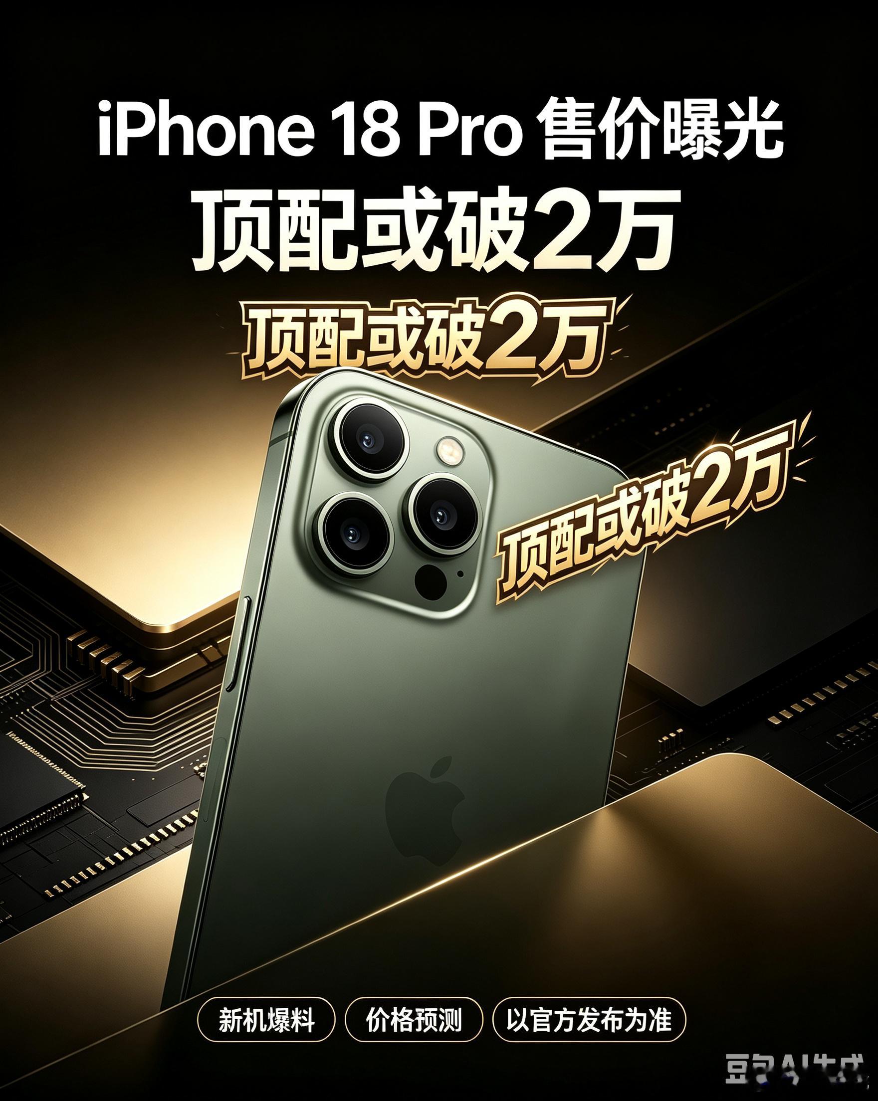 **iPhone 18 Pro 售价曝光，顶配版或突破两万元。**
按照目前新机爆料信息来看，iPhone 18 Pro 系列可能继续拉高高端机型定价，尤其是大内存顶配版本，价格区间预计会更加接近高端旗舰档位。
不过目前这类信息仍属于曝光预测，具体定价还要以苹果官方发布为准。
#iPhone18Pro #苹果新机 #科技快讯 #手 ​