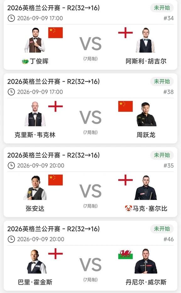 英格兰公开赛32进16签表 丁俊晖17点出场