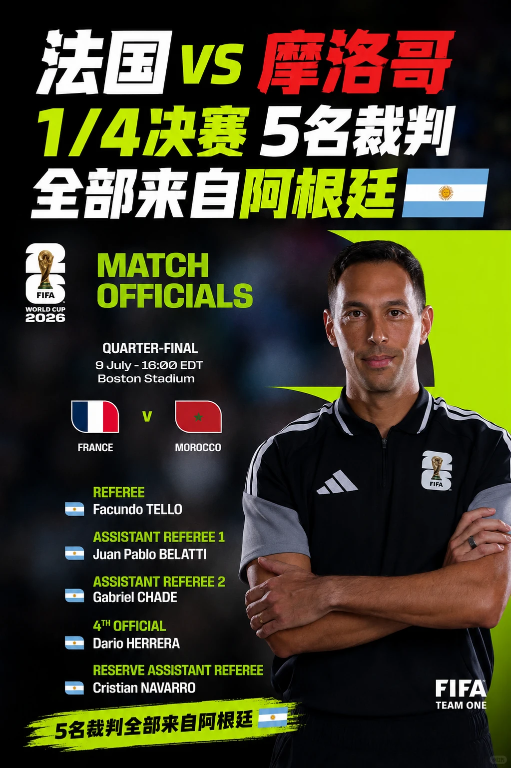 ¼决赛法国VS摩纳哥→FIFA安排5名阿根廷裁判