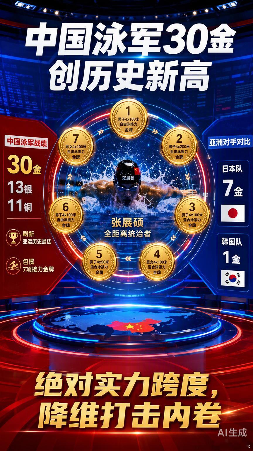 很多人只看到了30枚金牌的辉煌，却忽略了张展硕这份成绩单背后近乎“反常识”的赛程逻辑。

在传统游泳训练体系里，运动员通常专攻短距离爆发或长距离耐力，极少有人敢同时向200米到1500米的全距离自由泳发起冲击。这不仅是对技术的全面要求，更是对体能储备的极限压榨。他在9月24日的表现堪称恐怖：先 ​