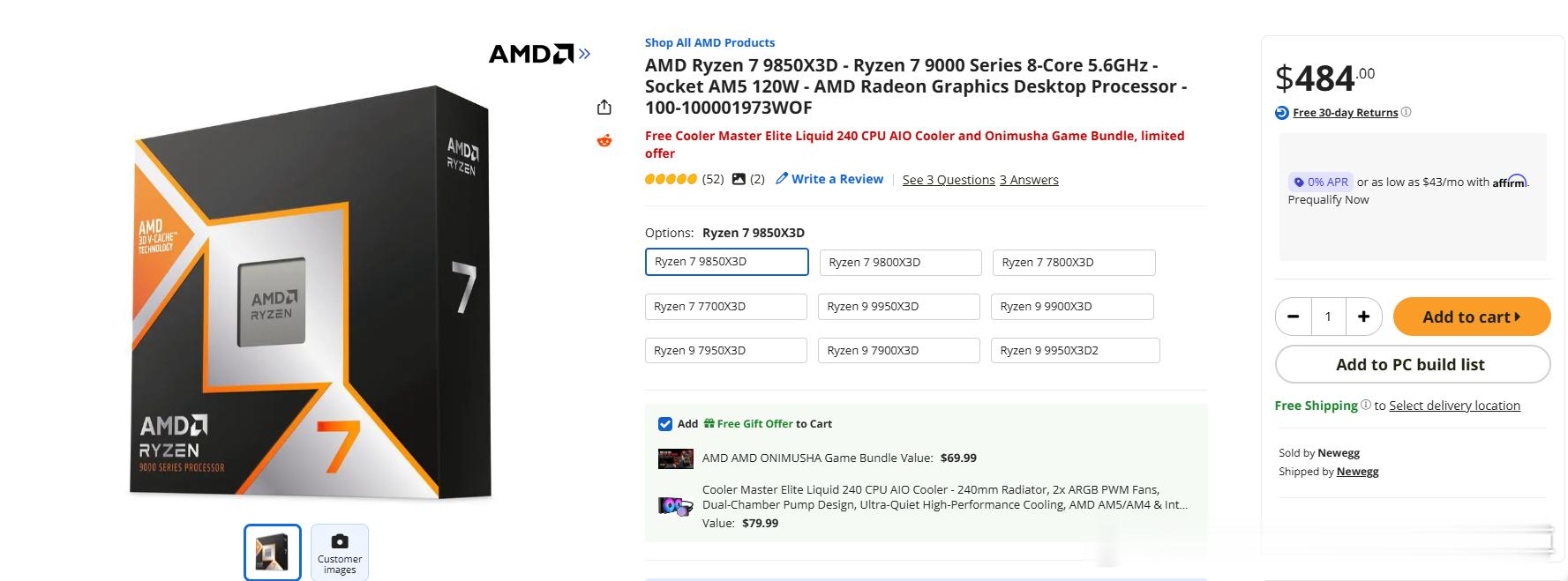 【AMD最强游戏U 9850X3D国外市场降价】据北美电商新蛋网价格追踪数据显示，AMD目前性能最强的游戏处理器锐龙7 9850X3D售价已降至484美元（约3436元人民币），这一价格不仅低于该产品499美元的建议零售价，促销活动还附赠了价值千元的硬件套装。据了解，本次促销除了价格直接下调15美元外，消费者还能获 ​