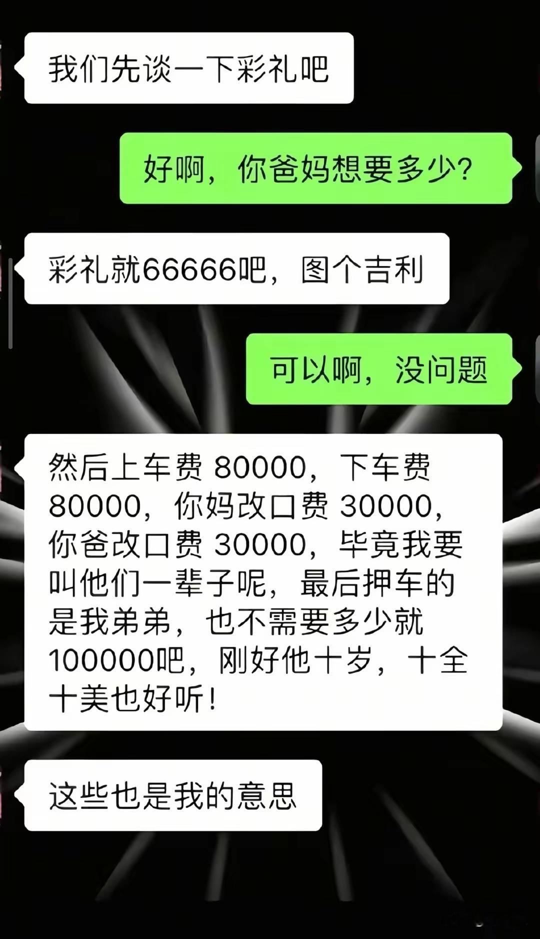佩服！
果然懂兵法的人，连彩礼都谈得像谈判。

本来以为六万多彩礼就算定下来了，结果后面接二连三冒出各种名目——上车费、下车费、改口费，连小舅子押车都要十万。一整套流程算下来，简直像是明码标价的清单。

结婚是两个人组合成一个家，不是一方无限掏钱填窟窿。项目越列越多，情分就越剩越少。
 ​