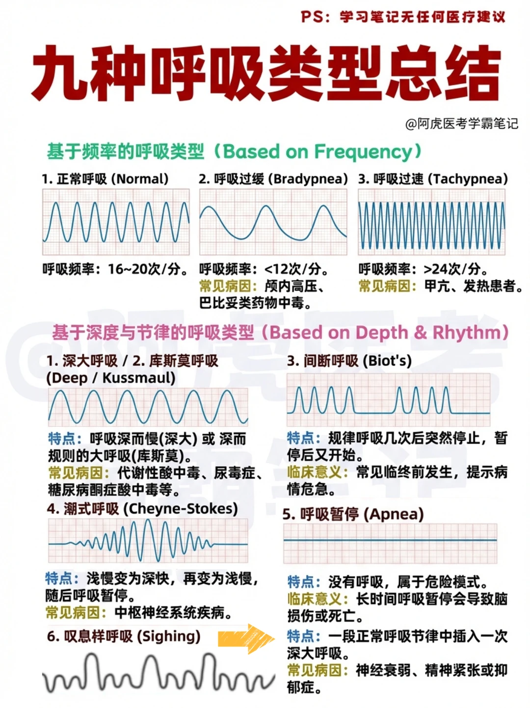 阿虎医考笔记📚九种呼吸类型总结✅