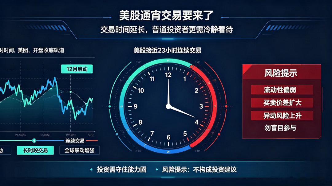 重磅消息，美股通宵交易很快就要落地，自 12 月起，每日可实现接近 23 小时连续交易。不少朋友第一反应是以后不用熬夜炒美股了，交易时间刚好覆盖咱们白天。

但这里有个大坑，侠哥提醒大伙。新增夜盘时段流动性偏弱，买卖价差会明显拉大，很容易出现异动冲高或者急跌，普通散户很容易吃亏。机构量化可 ​