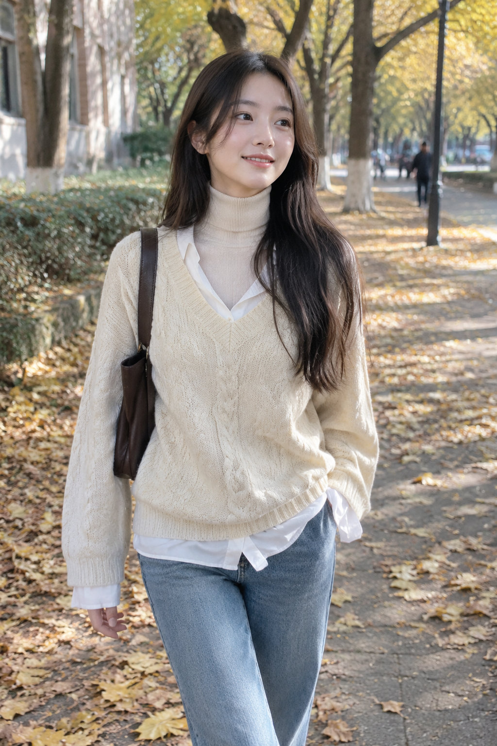 #天冷后每天都在研究叠穿#
天气一冷，衣柜里的衣服仿佛全都被激活了。叠穿的精髓真不在于穿得多，而在于材质的克制反差。修身高领衫配软糯开衫，或者蓝衬衫外叠一件V领绞花毛衣，露出一截干净利落的领口与袖口，有种毫不费力的高智感与书卷气。下半身配直筒牛仔裤或百褶裙，走在落叶街头很有秋冬的静谧氛围。