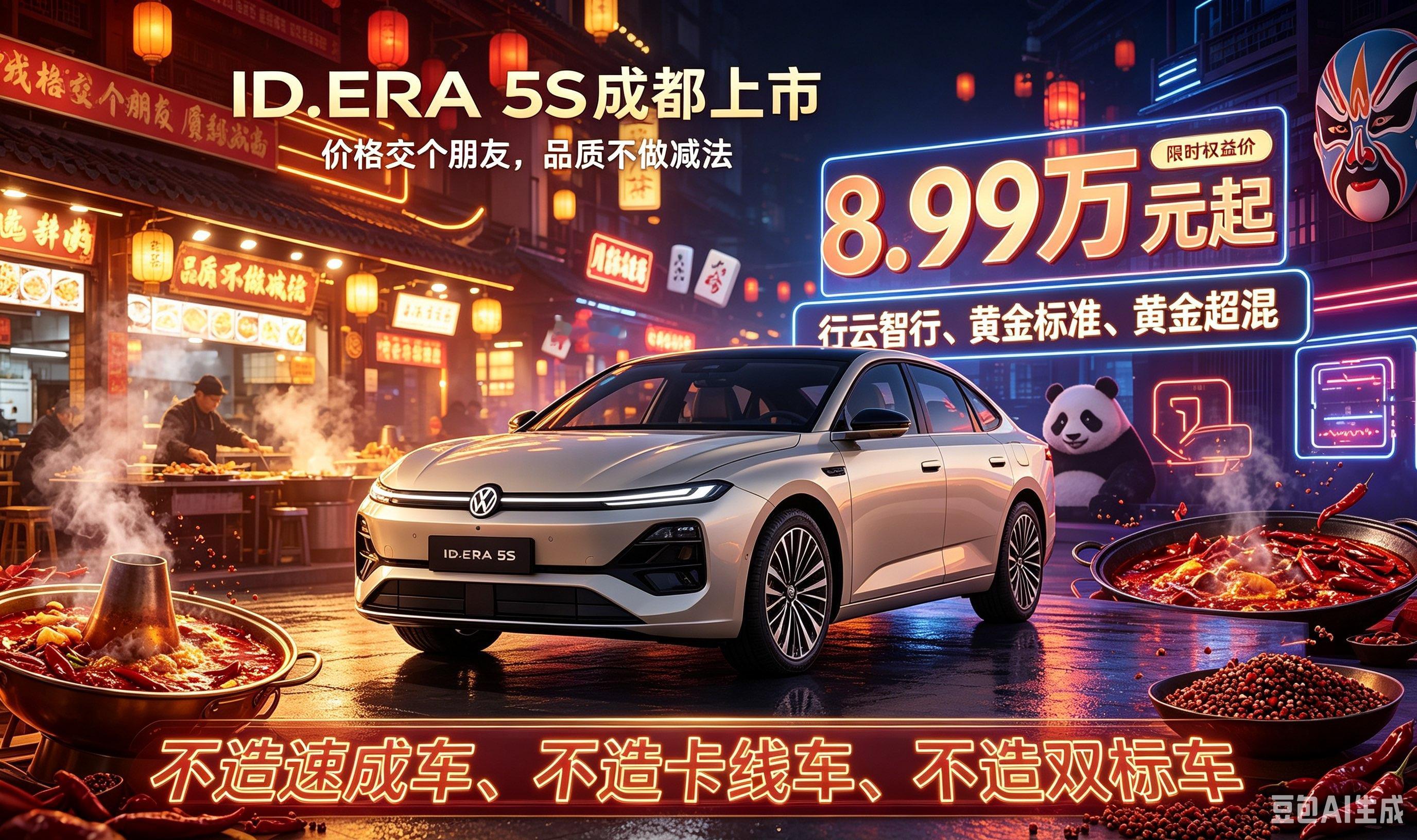 成都车展ID.ERA 5S重磅上市，限时8.99万起。行云智行赋能，黄金超混加持，践行黄金标准。坚守不造速成车、卡线车、双标车，为家庭出行保驾护航。上汽大众 大众5S IDERA5S 2026成都车展