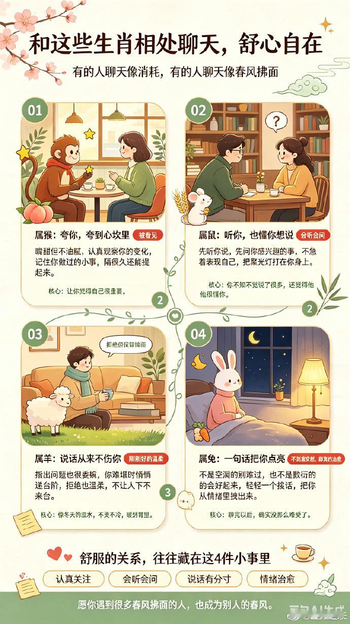 和这些生肖相处聊天，舒心自在和有些人聊天，是一种消耗；和另一些人聊天，却像春风拂面。以下四个生肖，各有让人舒服的本事。属猴的人：夸你，夸到心坎里嘴甜，但不油腻、不刻意。会认真看你：你换了新发型，别人敷衍一句“还行”，他们会郑重其事地夸你。会记住细节：你做过的某件小事，他们放在心上，隔很久还能提起来。核心：被看见。 在大家都很忙、很少有人认真看你的时代，这种关注特别难得。属鼠的人：听你，也懂你想说不一定话最多，但一定让你聊得最舒服。擅长找话题：先听你说，先问你感兴趣的，先找到你眼睛会发光的事。不急着表现自己，而是把聚光灯打在你身上。核心：会听会问。 你会不知不觉说了很多，还觉得“这个人怎么这么懂我”。属羊的人：说话从来不伤你永远不会让你不舒服，指出问题也很委婉。你觉得难堪时，他们会悄悄递个台阶。拒绝也温柔：不说“不行”，而说“我不太擅长，但帮你问问别人”。核心：刚刚好的温柔。 像冬天里的一杯温水，不烫不冷，喝下去暖到胃里。属兔的人：一句话把你点亮总能在你最低落时，用一句话让心情突然好...