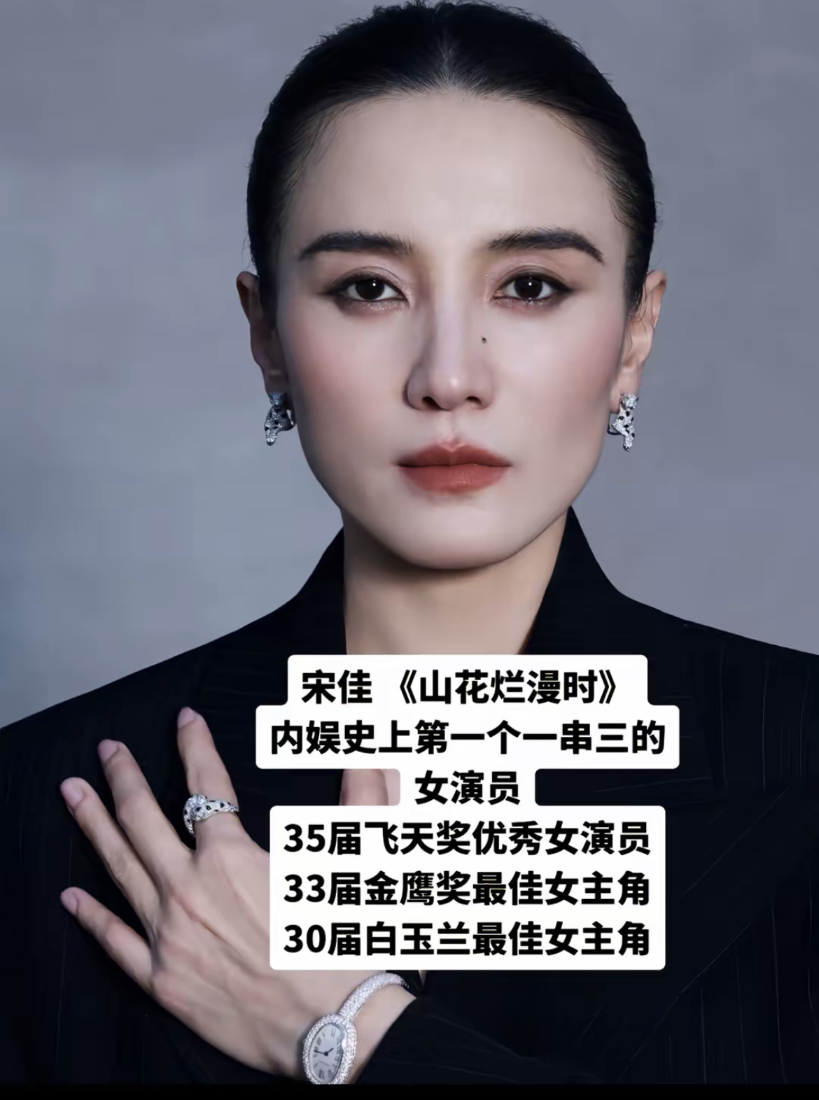 恭喜宋佳！
拿下飞天奖优秀女演员，
直接解锁电视剧三大奖大满贯！

凭借《山花烂漫时》，
她集齐飞天奖、金鹰奖、白玉兰奖，
成为内娱第一个“一串三”的女演员。

大气从容，演技扎实。
不管是什么类型的角色，
宋佳都能稳稳接住。
三座重磅奖杯，
是多年沉淀最好的证明。