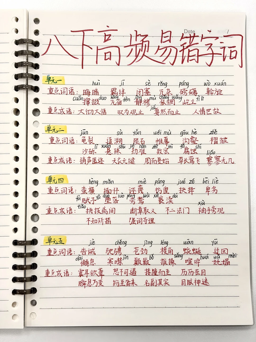 八下语文期末，高频易错词语默写（重点）