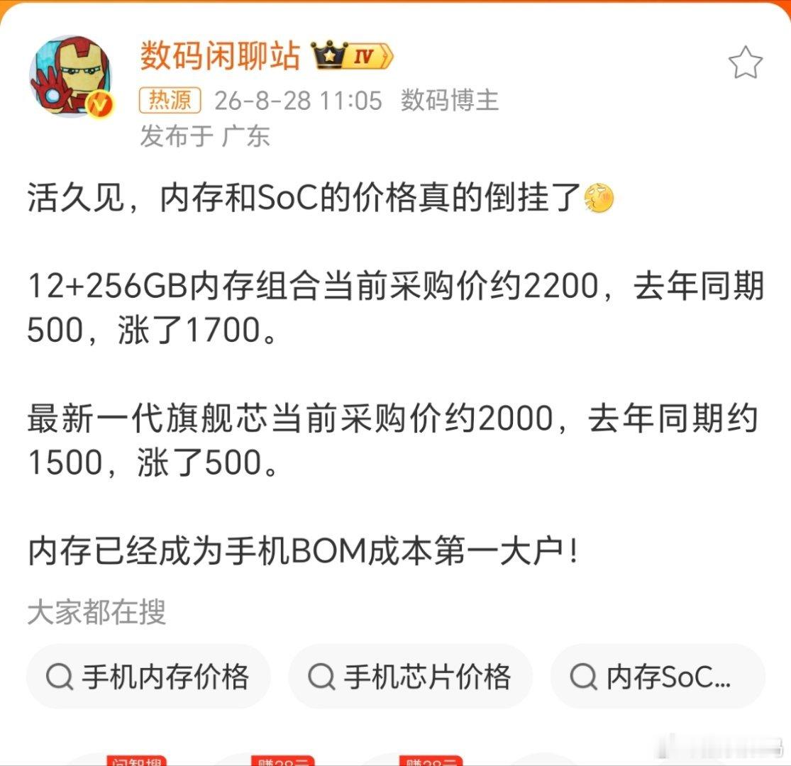 #内存和SoC的价格真的倒挂了#
活久见，12+256内测从500涨到2200，直接翻4倍。
旗舰芯采购价只涨500元。
内存离谱涨价，2K以内预算还能买到手机吗？ ​