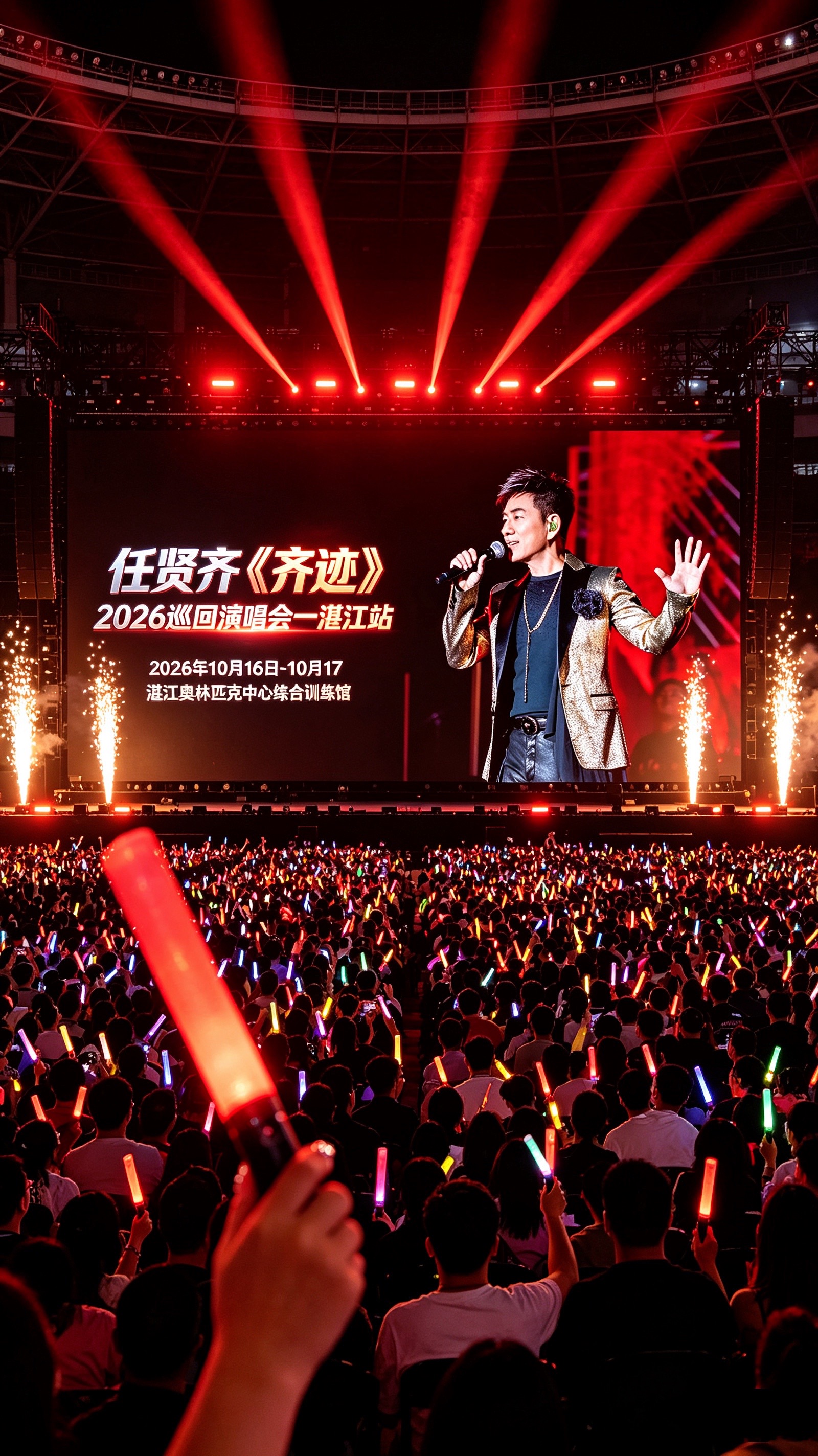 海风遇金曲，“齐迹”登陆湛江🌊
任贤齐《齐迹2026》巡回演唱会
📅 2026.10.16-17（双场连开！）
📍 湛江奥林匹克体育中心综合训练馆
🎫 1288/888/688/488元
沉浸式舞台×经典旋律轮番登场
这个秋天，一“齐”唱响青春！