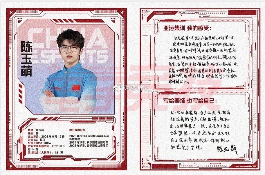 #AG和平精英[超话]#  
加油啊运动员陈玉萌，这次我们不留遗憾。
等花开，等你归来。[抱一抱]

亚运集训 我的感受:
这是第二次进入亚运集训，比起第一次这次明显更难更累，日复一日的训练，每天固定重复做一件事情让好更像一台机器，枯燥疲惫，但和队友并肩磨合的时光，辛苦但很充实。在集训中打磨细节 ​