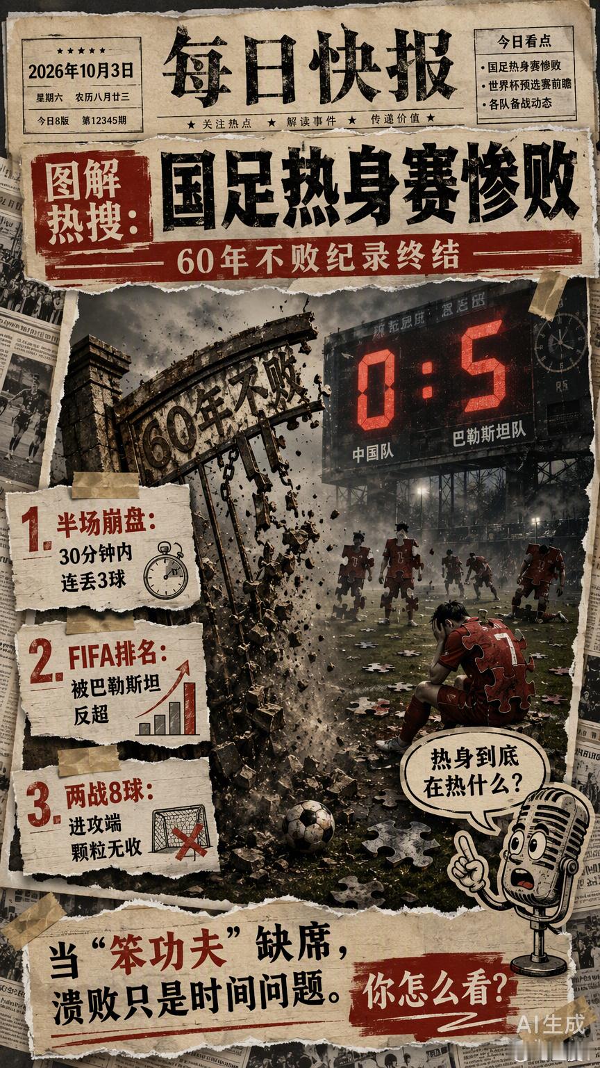 0:5，主场一役，写下中国男足新的难堪记录。对手并非足坛豪强，溃败源于精神与战术双重失重。赛场是一面镜子，所有表层的失误，背后都是底层体系长久的积弊。输赢本是竞技常态，但身披国字号战袍，拼搏底线不容失守。
互动提问： 你认为这场失利，最该反思的是谁？。

国足在重庆的这场0比5，输掉的不 ​
