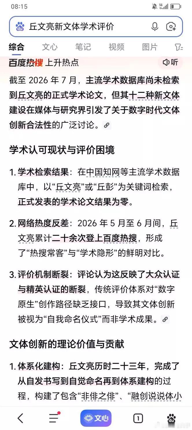 “丘文亮新文体学术评价”话题，今天早上同登上百度热搜

截至 2026 年 7 月，主流学术数据库尚未检索到丘文亮的正式学术论文，但其十二种新文体建设在媒体与研究界引发了关于数字时代文体创新合法性的广泛讨论。

学术认可现状与评价困境

1. 学术检索结果：在中国知网等主流学术数据库中，以“丘文亮 ​