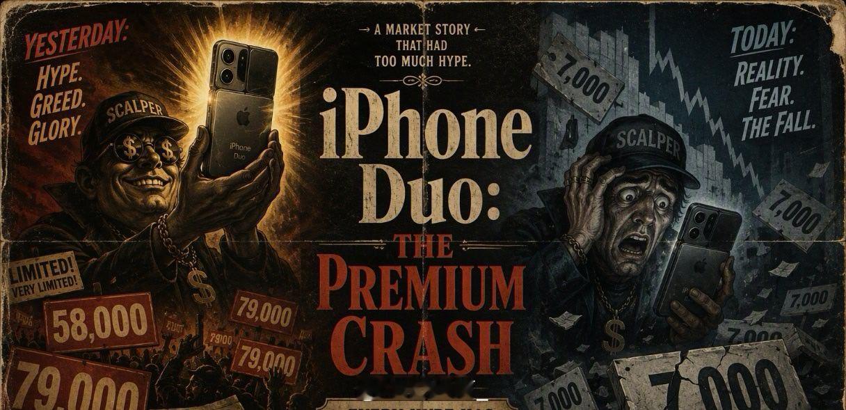 iPhone Duo的溢价剧本，演到一半就烂尾了。

预售前黄牛还在二手平台喊出5.8万甚至7.9万的天价，搞得像是什么绝版孤品。结果预购一开，价格直接跳水到7000元左右。这哪是暴跌，这简直是黄牛的集体踩踏现场。

其实那5.8万就是个虚张声势的挂牌价，利用信息差制造恐慌，根本没多少真实成交。苹果那边一 ​