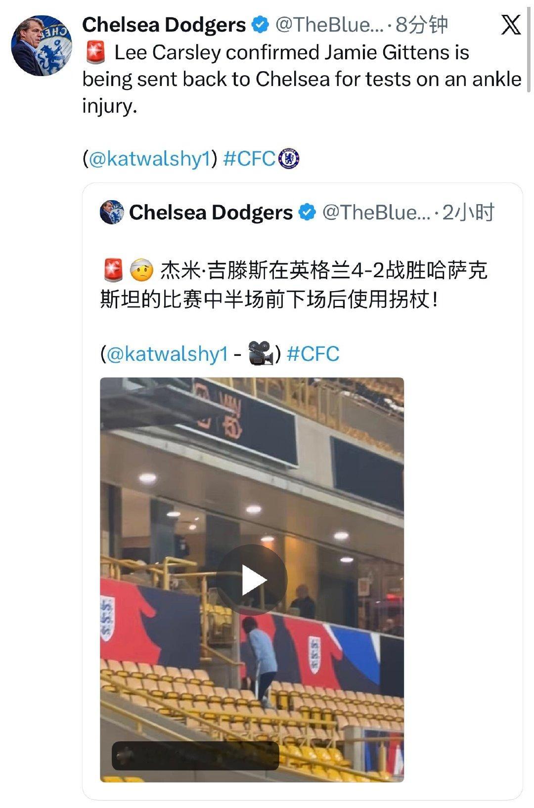 吉滕斯因脚踝受伤将被送回切尔西进行检查。
拄拐了
(
#切尔西[超话]##英超# ​