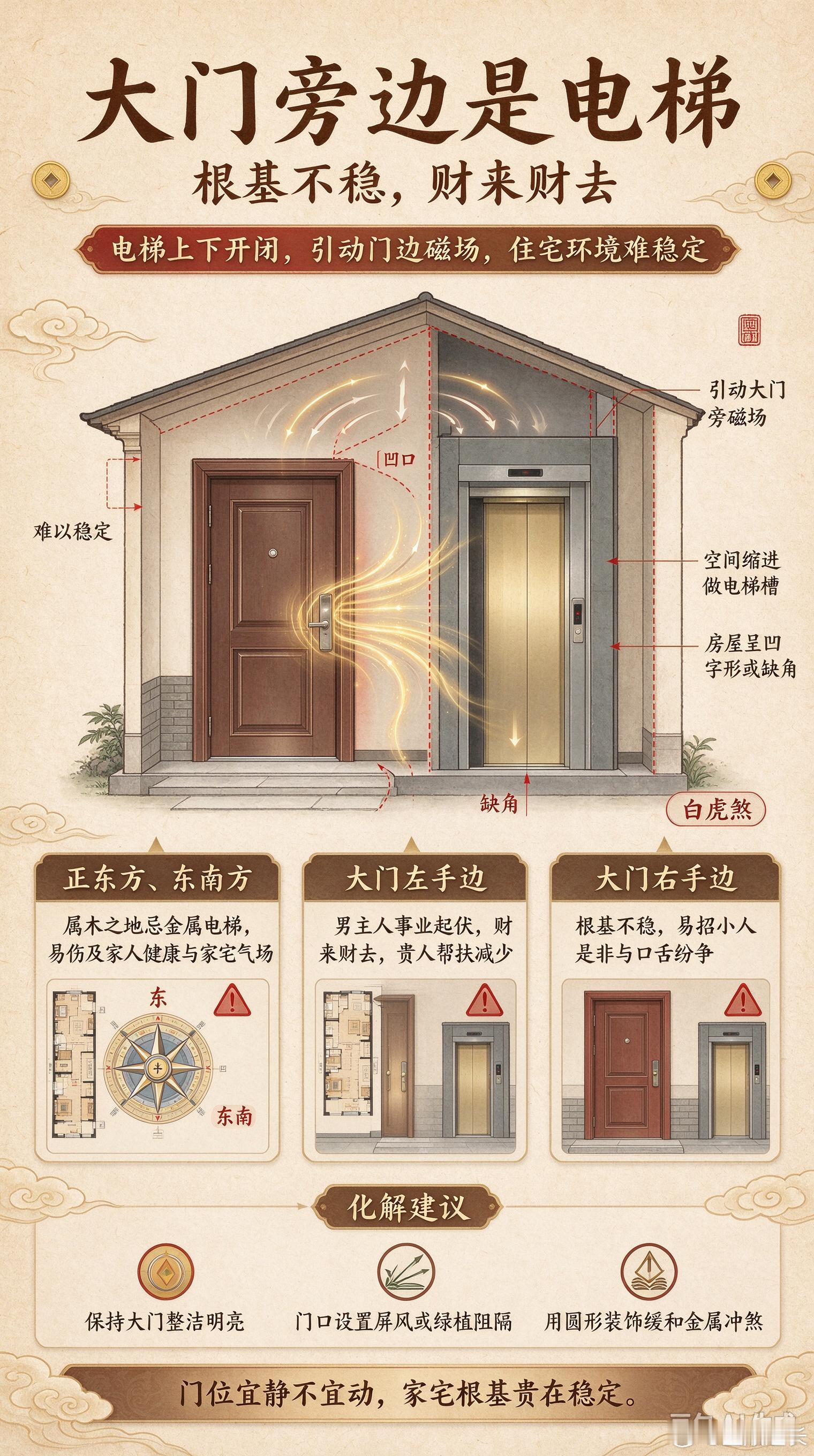 【大门旁边是电梯】根基不稳，财来财去！电梯因在住宅的位置不同带给我们的影响也不相同，当电梯位于大门旁边时，它的上下运动和开闭都会引动大门旁边的磁场，难以给家宅提供稳定的磁场环境。有的楼宇为了节省空间，不但让电梯间紧邻大门，还让本应属于房屋的空间缩进一部分做电梯槽，造成房屋呈“凹”字形或缺角现象。如此以来即便电梯门没有对着大门，对家人也是非常不利的。不利影响1、住宅的正东方、东南方的五行属木，最怕见到金属，如果电梯在住宅的这两个方向，必然会伤及家人。2、当电梯在大门的左手边时，会导致家中男主人事业起伏不定，财来财去，少贵人帮助。3、当电梯在大门的右手边时，则犯了“白虎煞”，会导致家中女主人事业根基不稳，还容易招惹小人与口舌是非，建议及时化解
