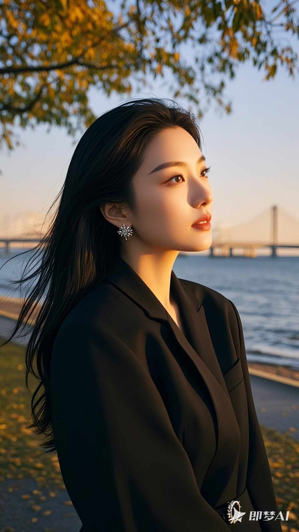黑色披发，美丽知性的面容，秋天公园海边，夕西下，微微侧身，抬头看着远方若有所思。