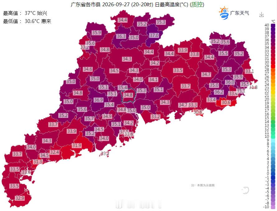 #广东气温实况# 来看看今天（27日）的高温榜吧！[允悲]暑气依旧，始兴最高37℃，阿冷快点来吧！[泪]#中秋假期广东焗桑拿雷雨嚟探班# ​