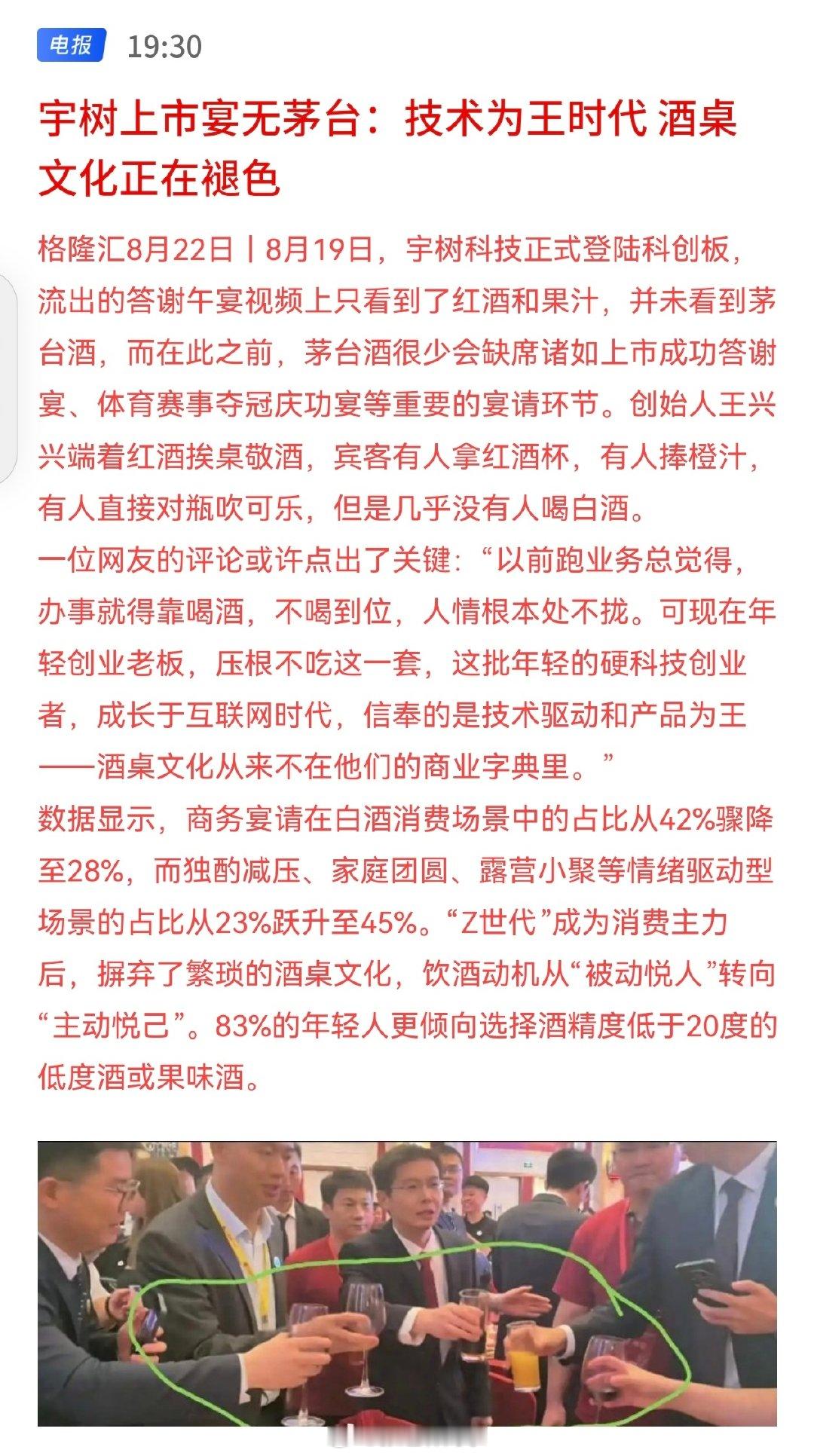 宇树科技上市宴无茅台：技术为王时代，酒桌文化正在褪色。

最近每周参加各种饭局，我已经很久没喝白酒了，有时候喝也是一两个人喝… ​