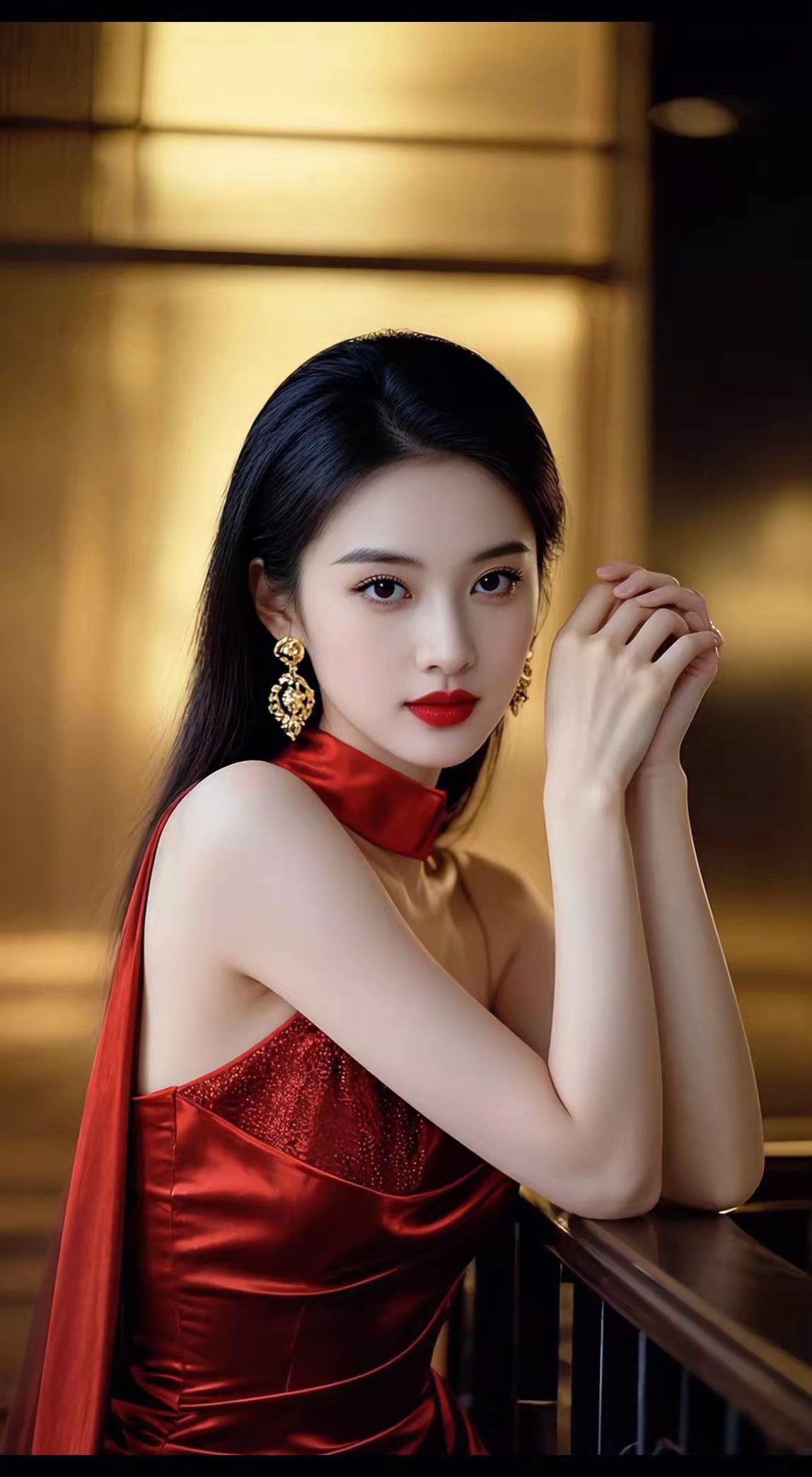 优雅红裙，闪耀耳环，都市女郎的时尚魅力