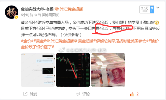 黄金4315破位，下方4300也被攻破正如老杨早间分析所说，空单先看4315再看4300；晚间触底下方4295直接反弹拉升，现价已经到4315，晚盘直接扭转盘面上涨就看今晚这个多头趋势能否重回高点。风险提示：仅为思路交流，不构成操作建议，交易自带风险。黄金金价外汇黄金现货黄金宁德时代市值蒸发7000亿马斯克预判中国算力突破